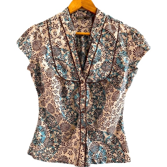 HILARD & HANSON Woman’s Brown & Blue Cap Sleeve Cotton Button Down Top size L - Picture 1 of 5